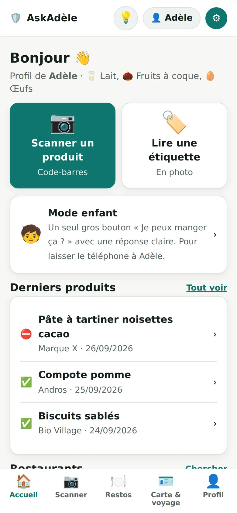 Écran d’accueil de l’appli AskAdèle