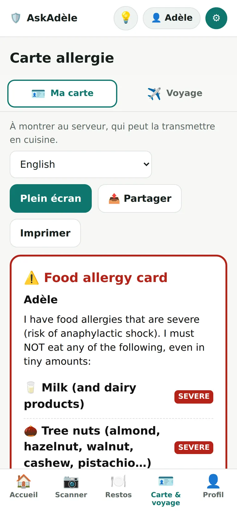 Carte allergie traduite en anglais