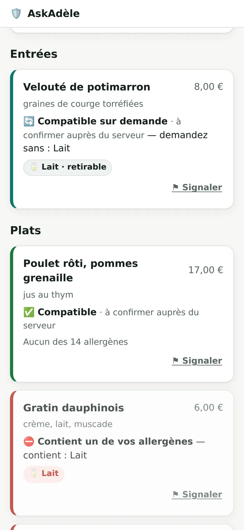 Carte d’un restaurant avec les plats compatibles