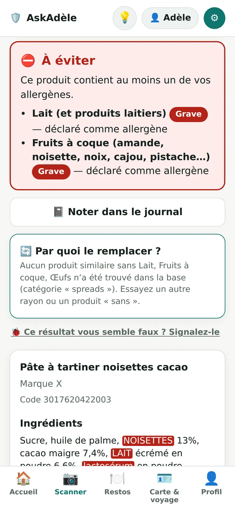 Résultat d’un scan : produit à éviter, contient du lait et des fruits à coque